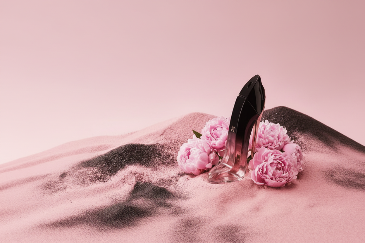Black high-heeled shoe with pink flowers on a pink background