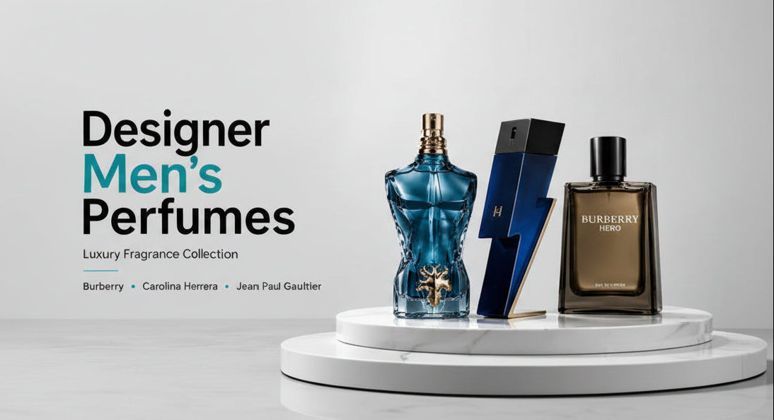 Three men's perfumes on a white platform with a 'Designer Men's Perfumes' banner and 'Up to 40% Off' offer.